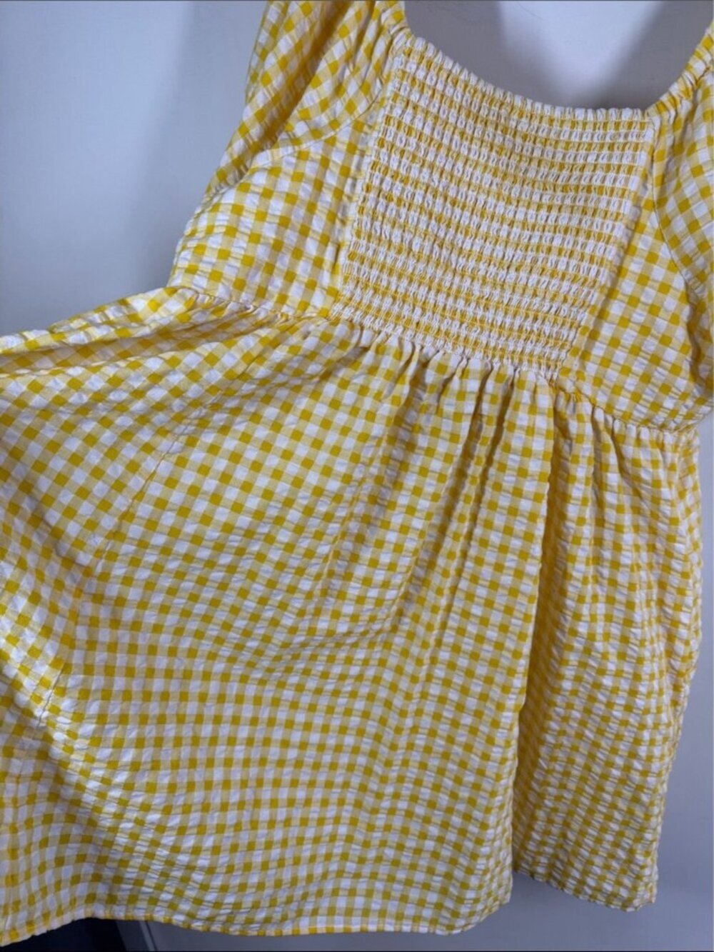Old Navy Cotton Gingham Smocked Dress Yellow White 3X Cottagecore Summer Picnic - Picture 12 of 14